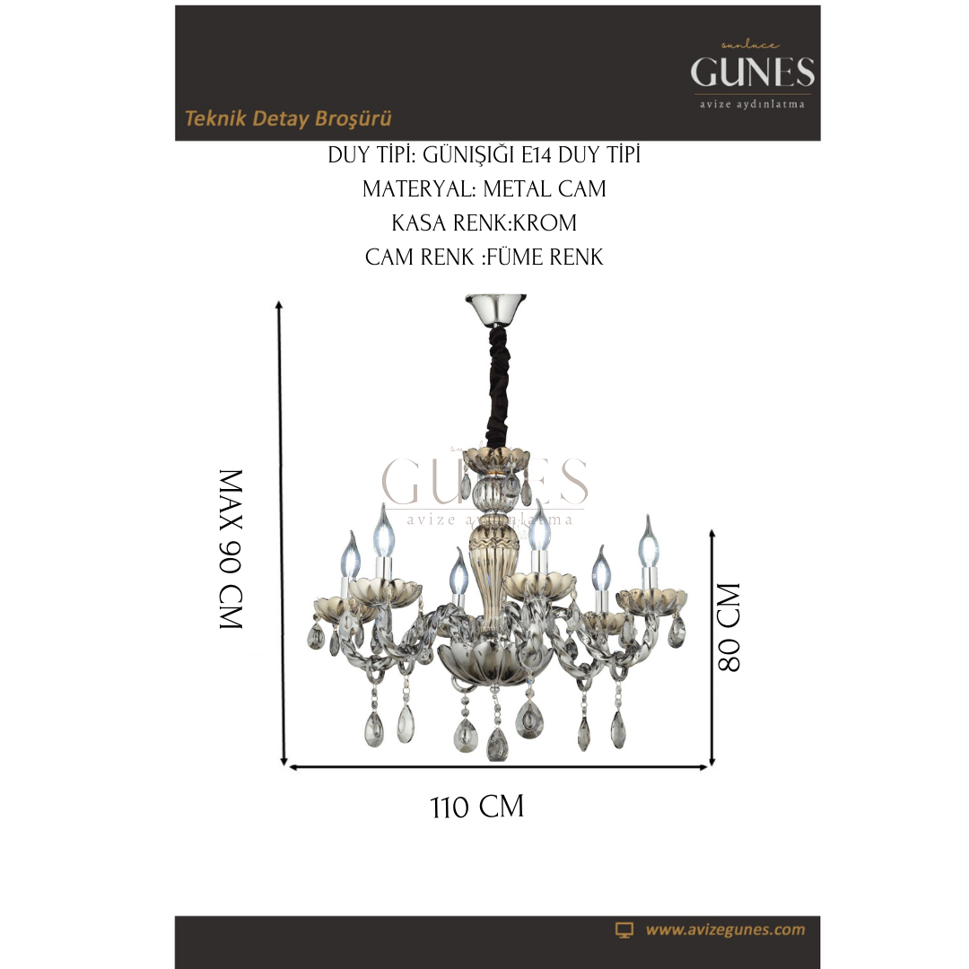 ÖZMER GR 016 6LI CAM KOL AVİZE FÜME