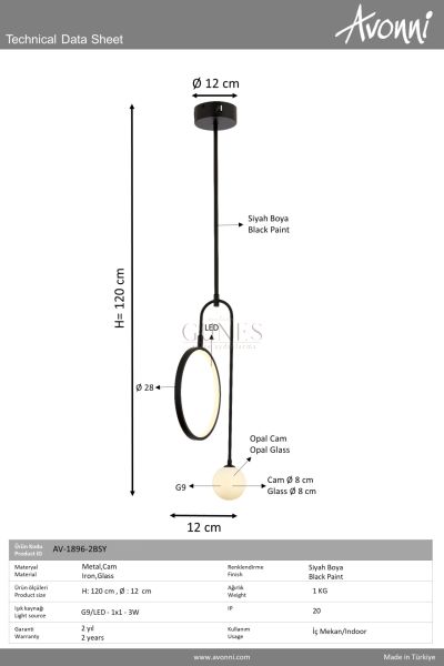 Siyah Boyalı Modern Avize AVONNI AV-1896-2BSY