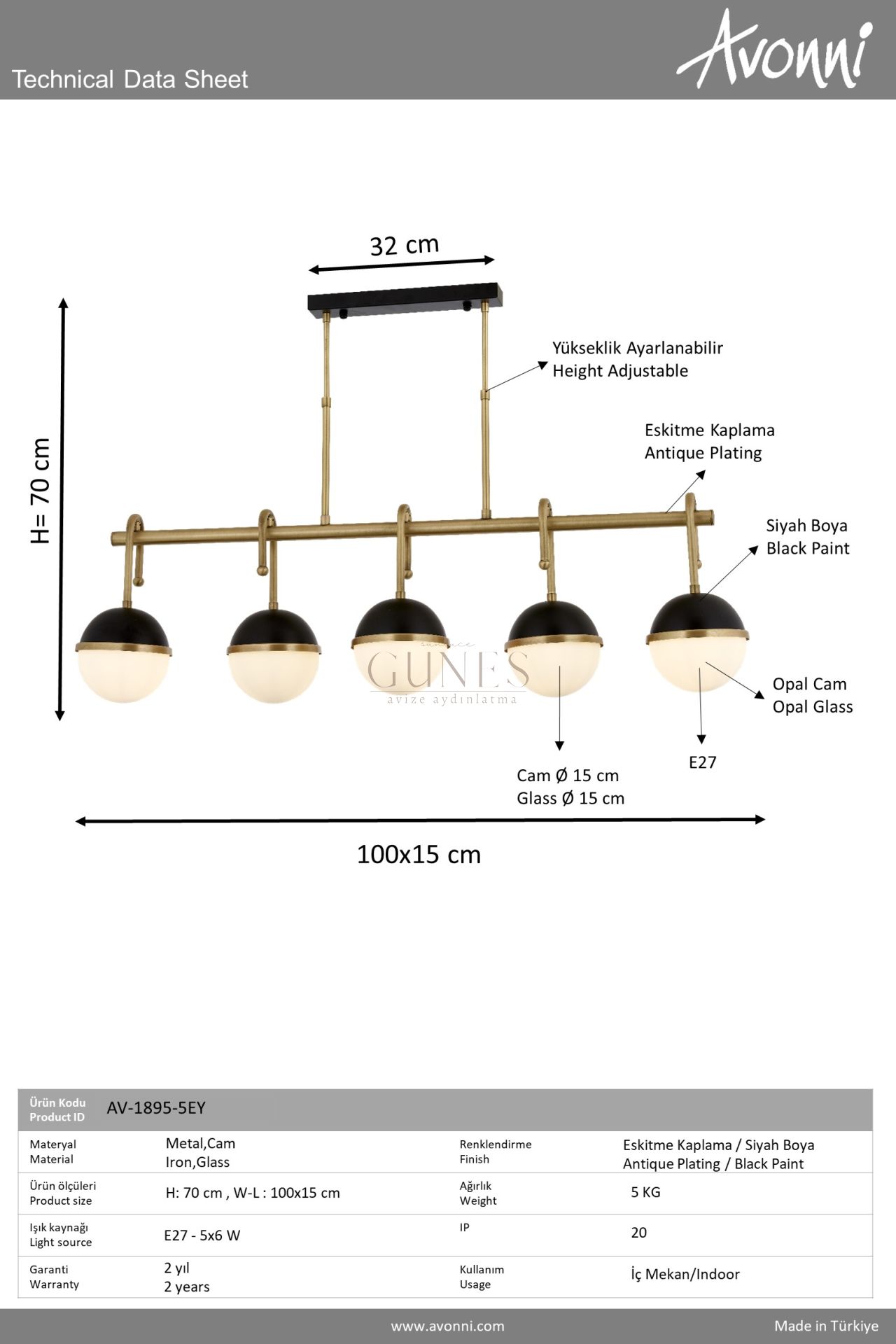 Siyah/Eskitme Boya/Kaplama Modern Avize AVONNI AV-1895-5EY