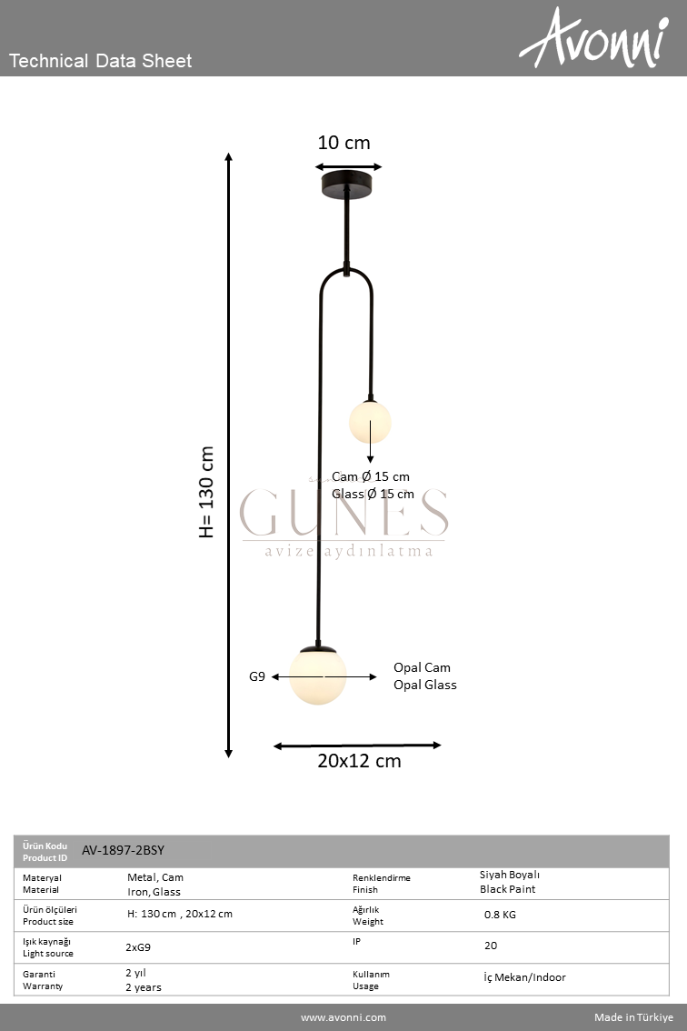 Siyah Boyalı Modern Avize AVONNI AV-1897-2BSY