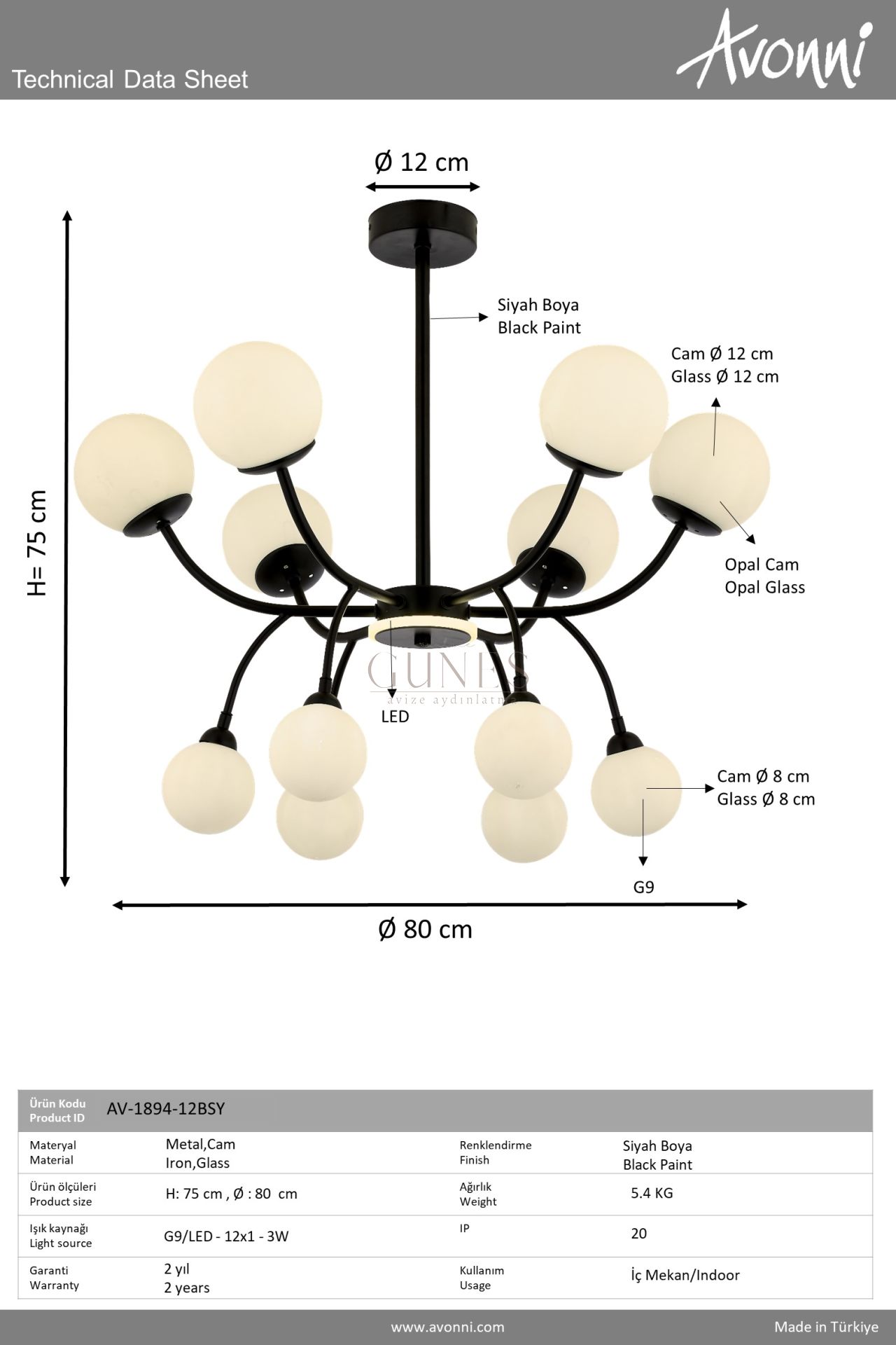 Siyah Boyalı Modern Avize AVONNI AV-1894-12BSY