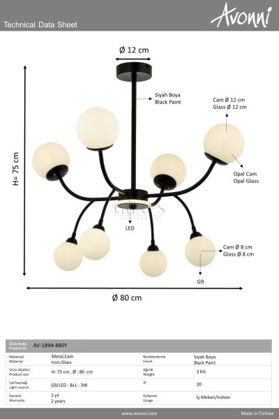 Siyah Boyalı Modern Avize AVONNI AV-1894-8BSY