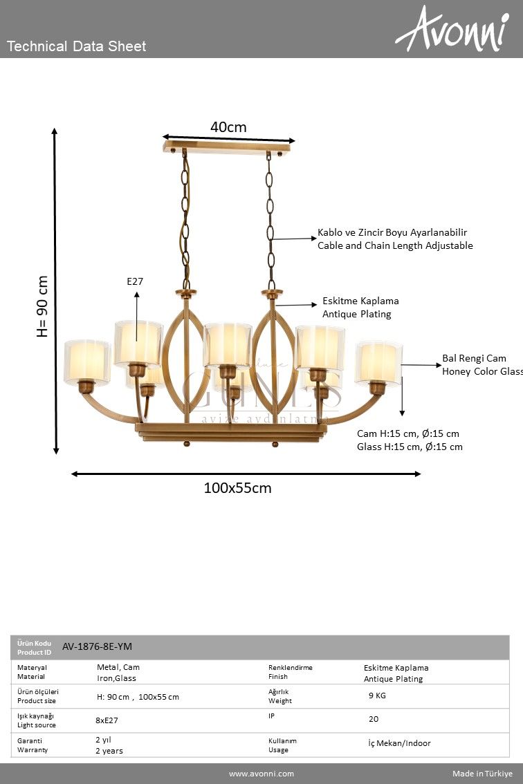 Eskitme Kaplama Modern Avize AVONNI AV-1876-8E-YM