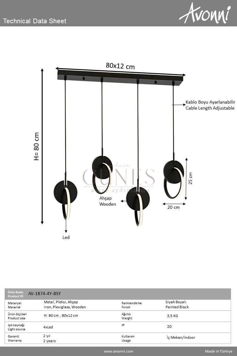 Siyah Boyalı Modern Avize AVONNI AV-1874-4Y-BSY