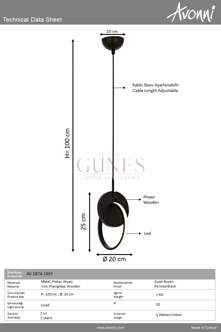 Siyah Boyalı Modern Avize AVONNI AV-1874-1BSY