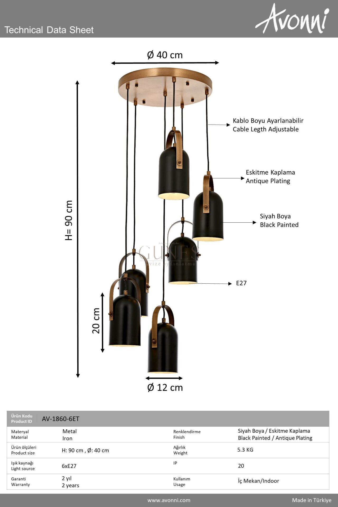 Siyah/Eskitme Boyalı/Kaplama Modern Avize AVONNI AV-1860-6ET
