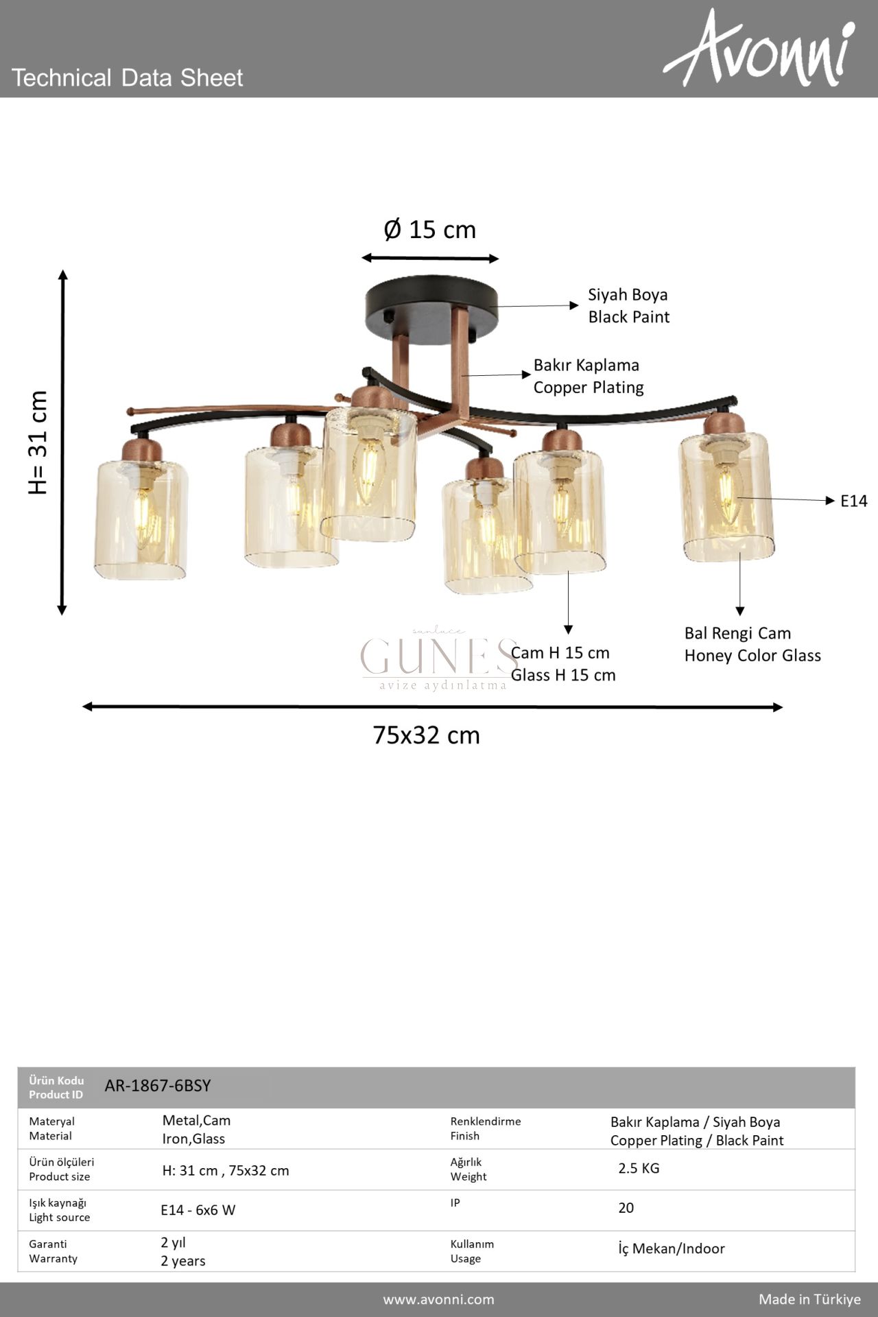Siyah Boyalı Klasik Avize AVONNI AR-1867-6BSY