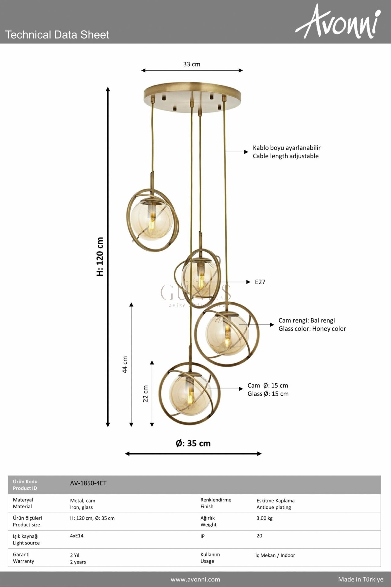 Eskitme Kaplama Modern Avize AVONNI AV-1850-4ET