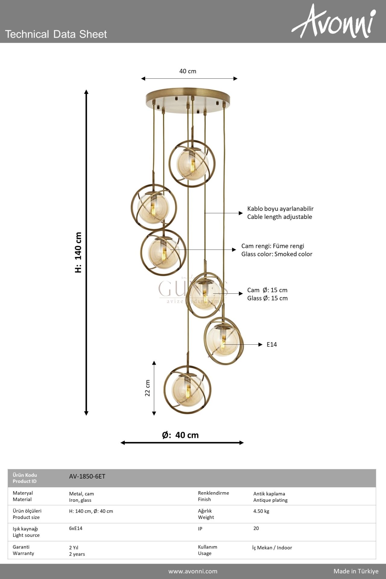 Eskitme Kaplama Modern Avize AVONNI AV-1850-6ET