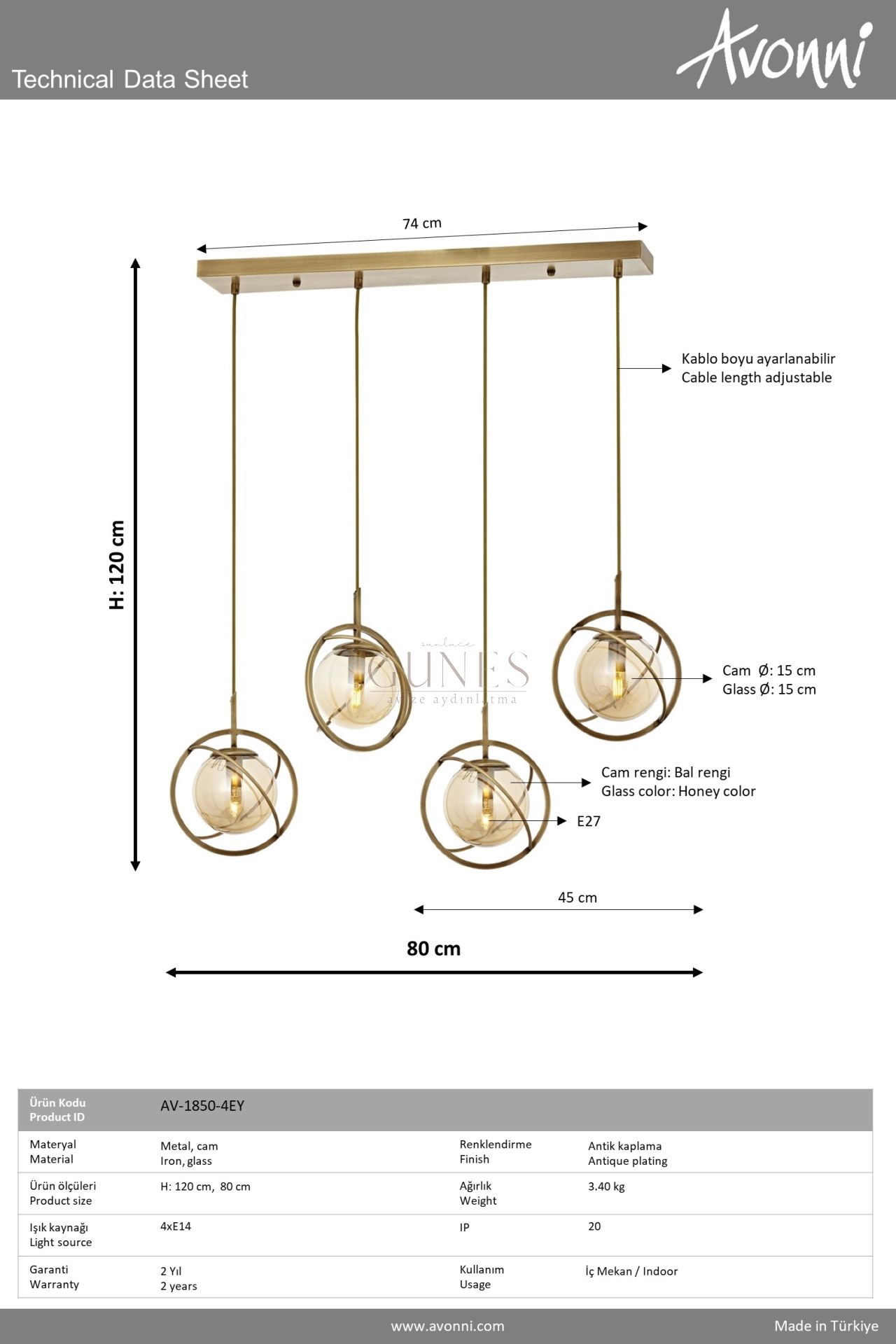 Eskitme Kaplama Modern Avize AVONNI AV-1850-4EY