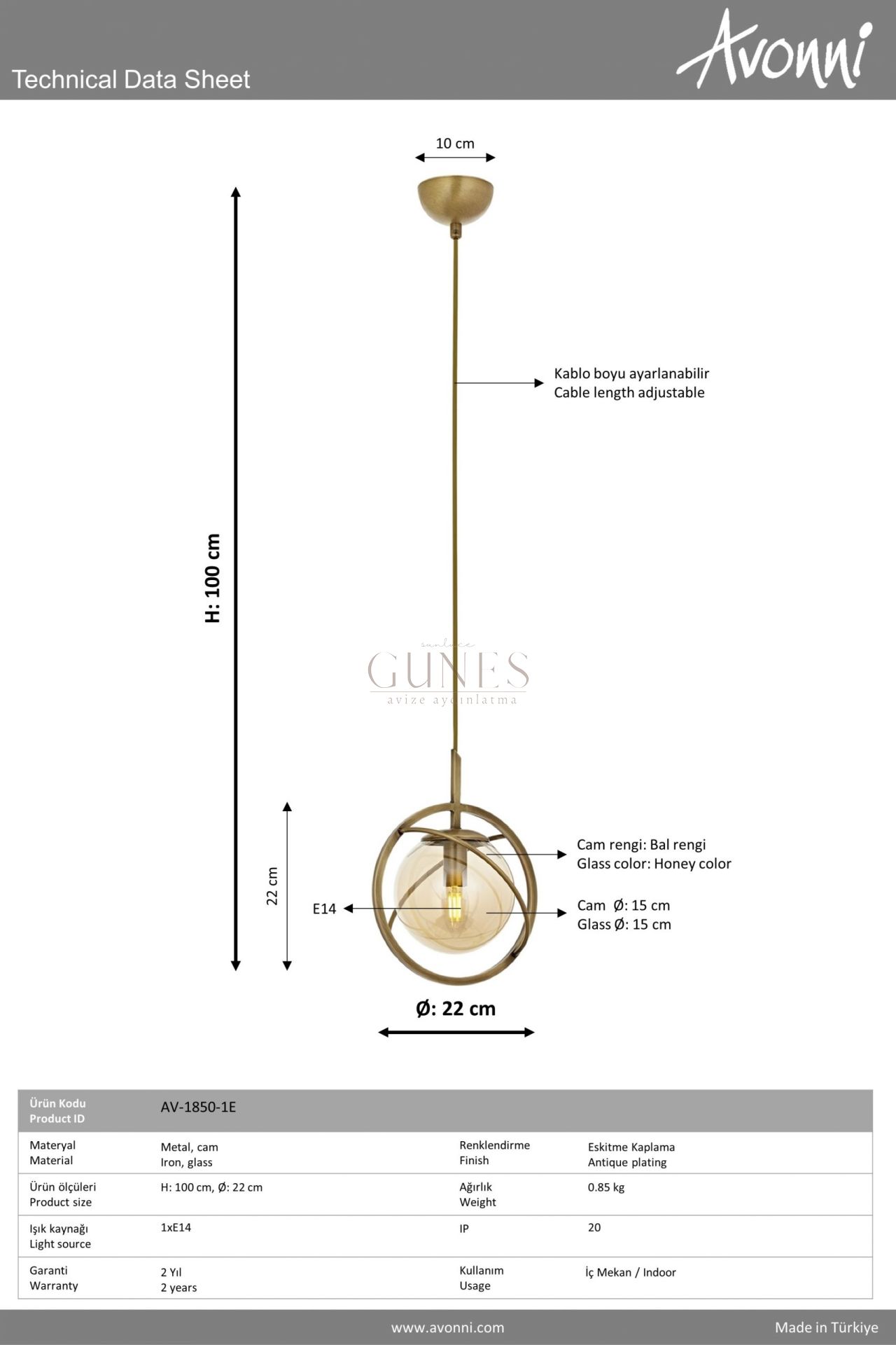 Eskitme Kaplama Modern Avize AVONNI AV-1850-1E