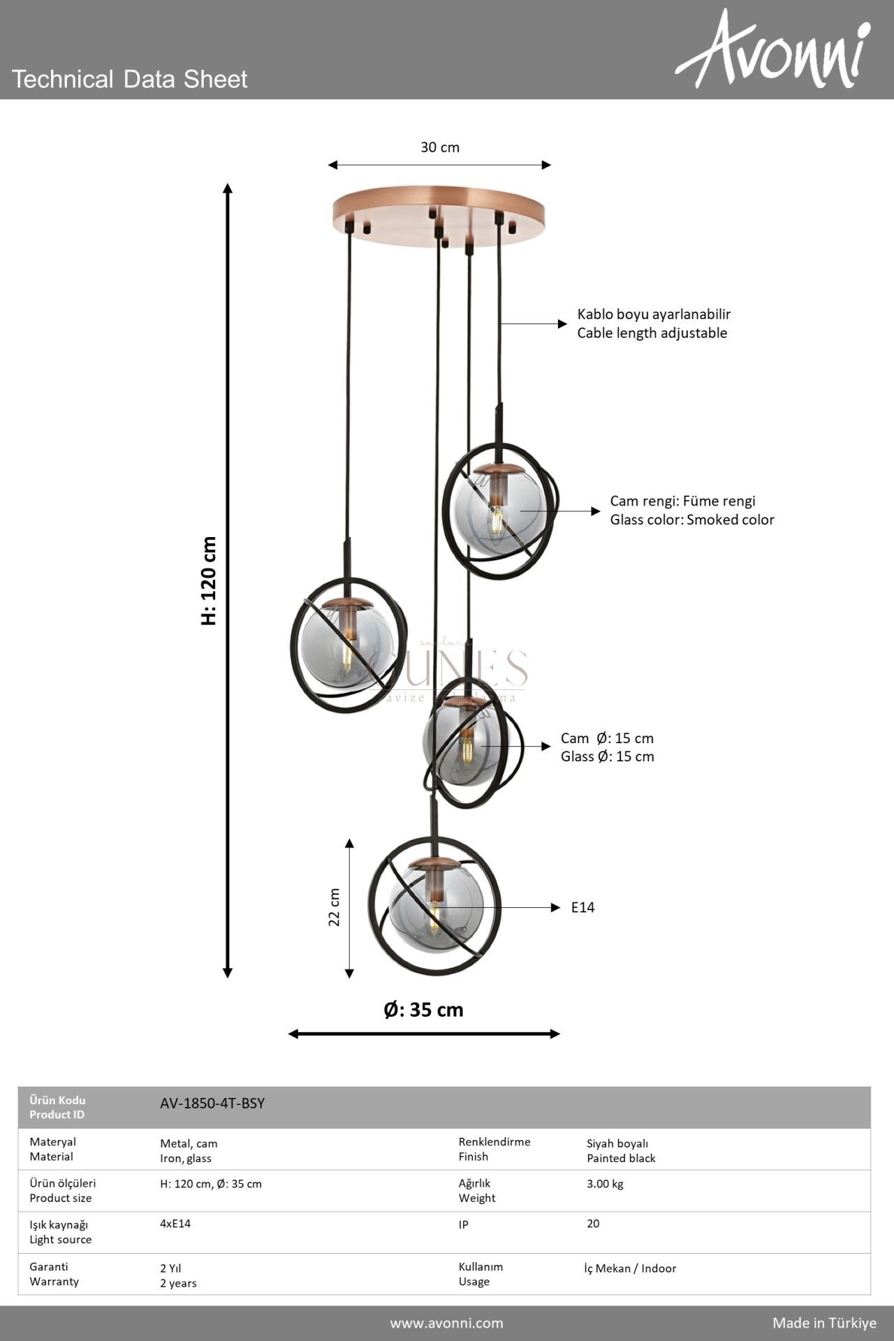 Siyah Boyalı Modern Avize AVONNI AV-1850-4T-BSY
