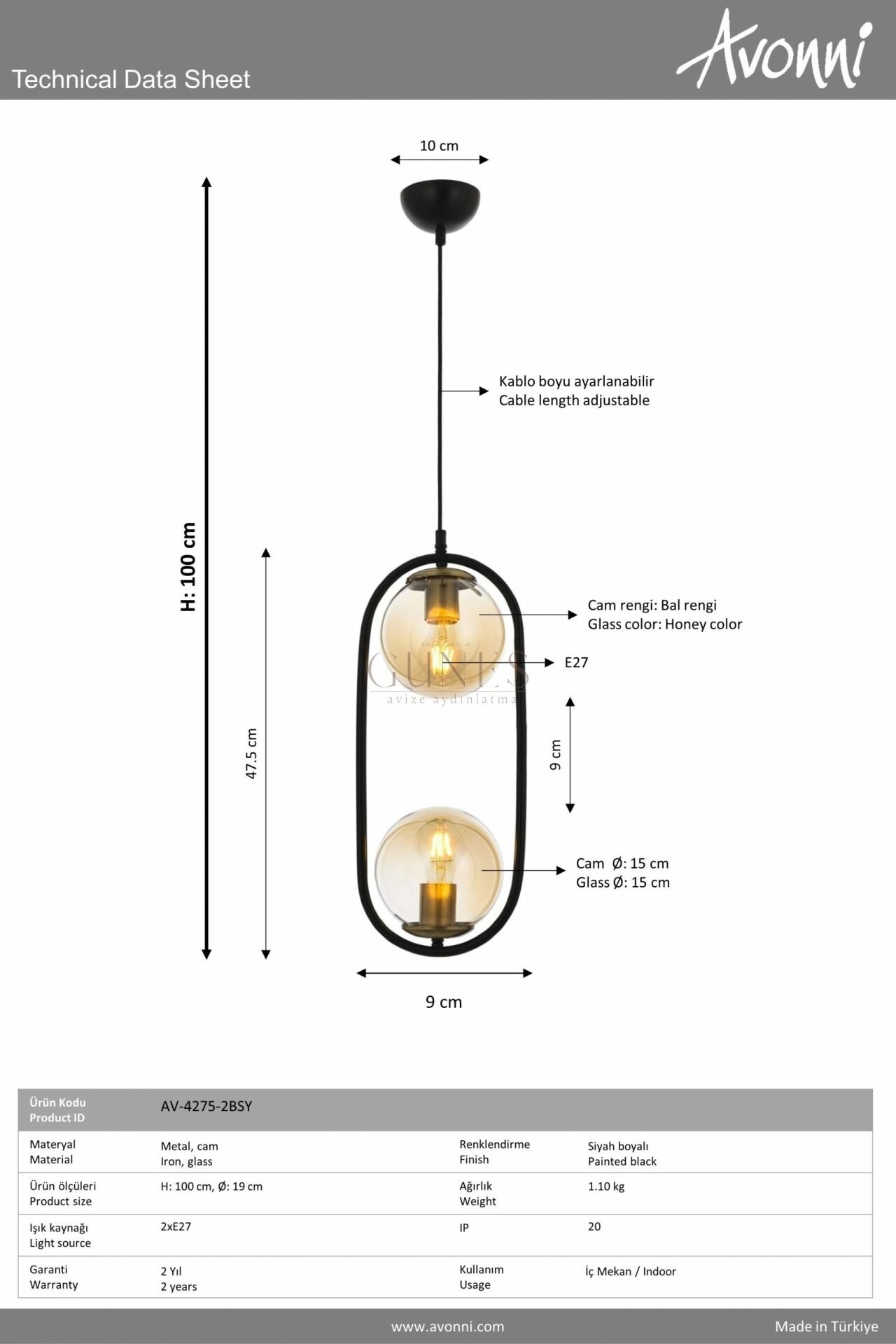 Siyah Boyalı Modern Avize AVONNİ-AV-4275-2BSY
