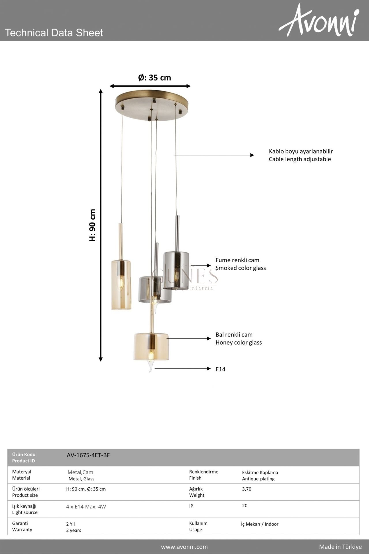 Eskitme Kaplama Modern Avize AVONNİ-AV-1675-4ET-BF