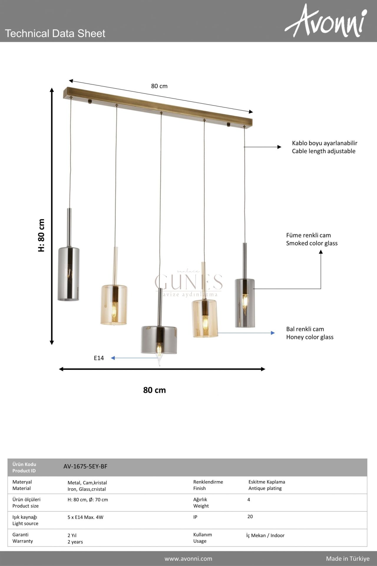 Eskitme Kaplama Modern Avize AVONNİ-AV-1675-5EY-BF