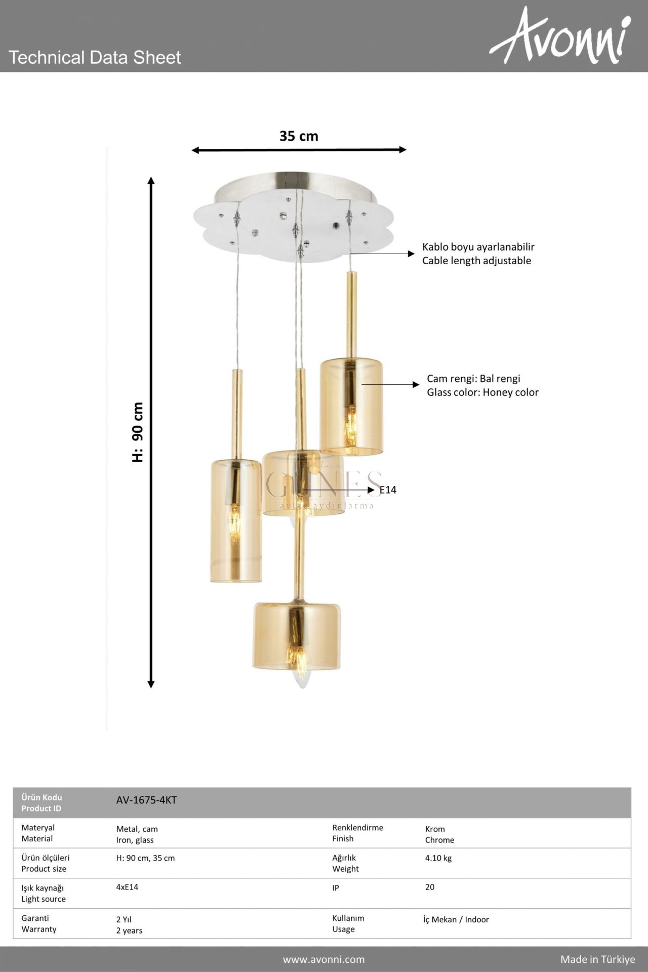 Krom Kaplama Modern Avize AVONNİ-AV-1675-4KT