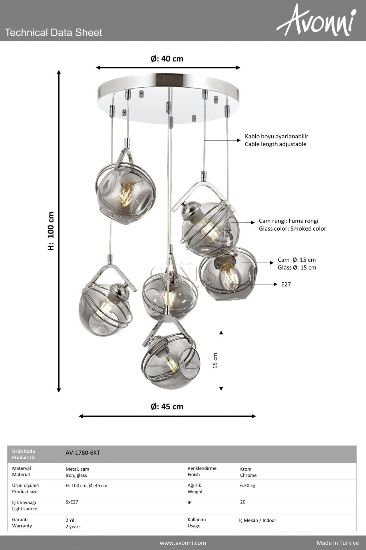 Krom Kaplama Modern Avize AVONNİ-AV-1780-6KT