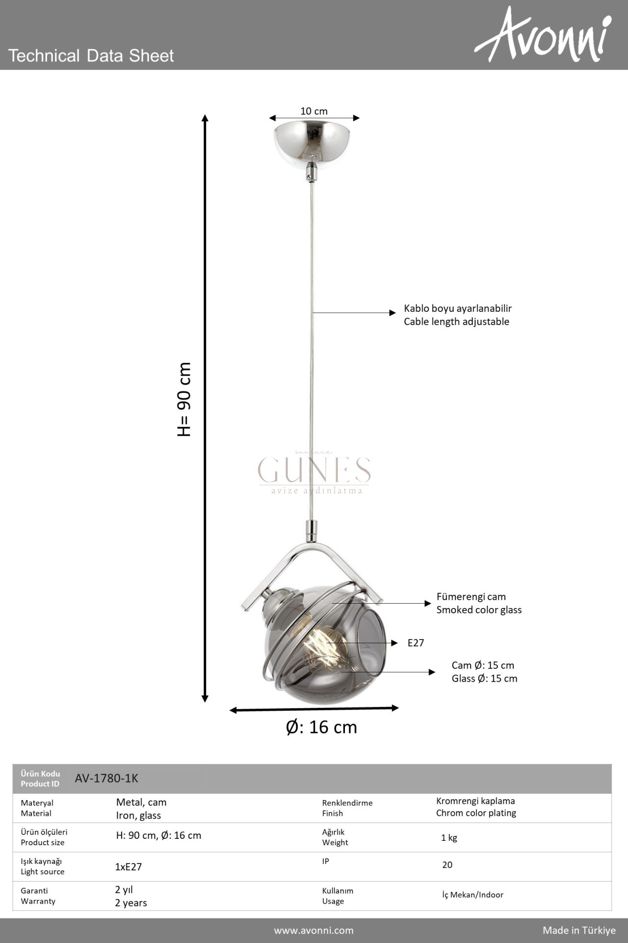Krom Kaplama Modern Avize AVONNİ-AV-1780-1K