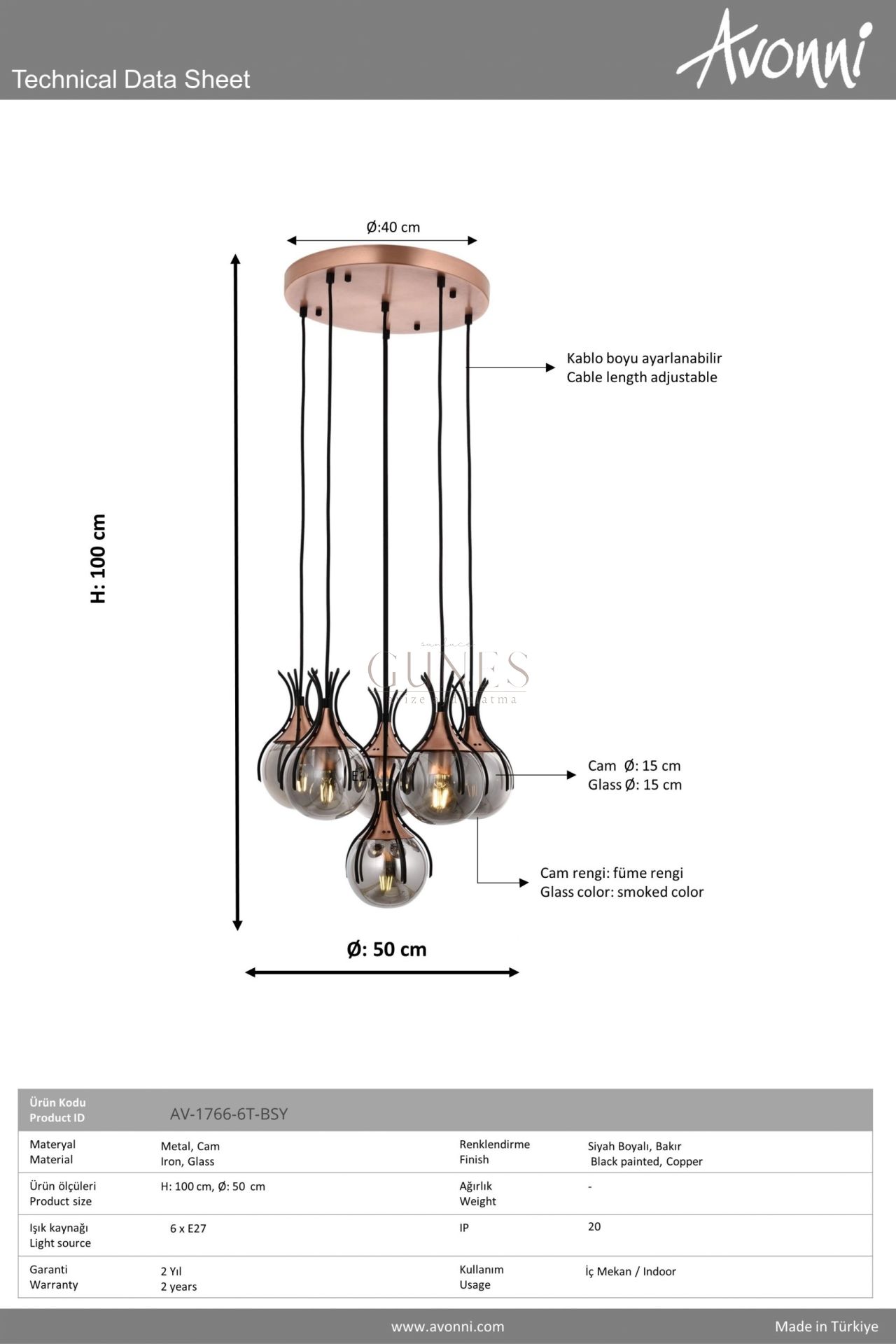 Siyah Boyalı Modern Avize AVONNİ-AV-1766-6T-BSY