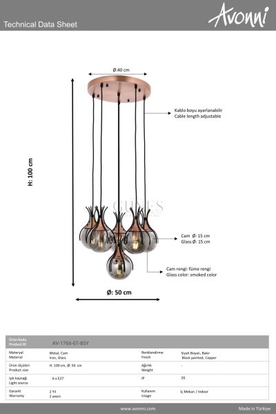 Siyah Boyalı Modern Avize AVONNİ-AV-1766-6T-BSY