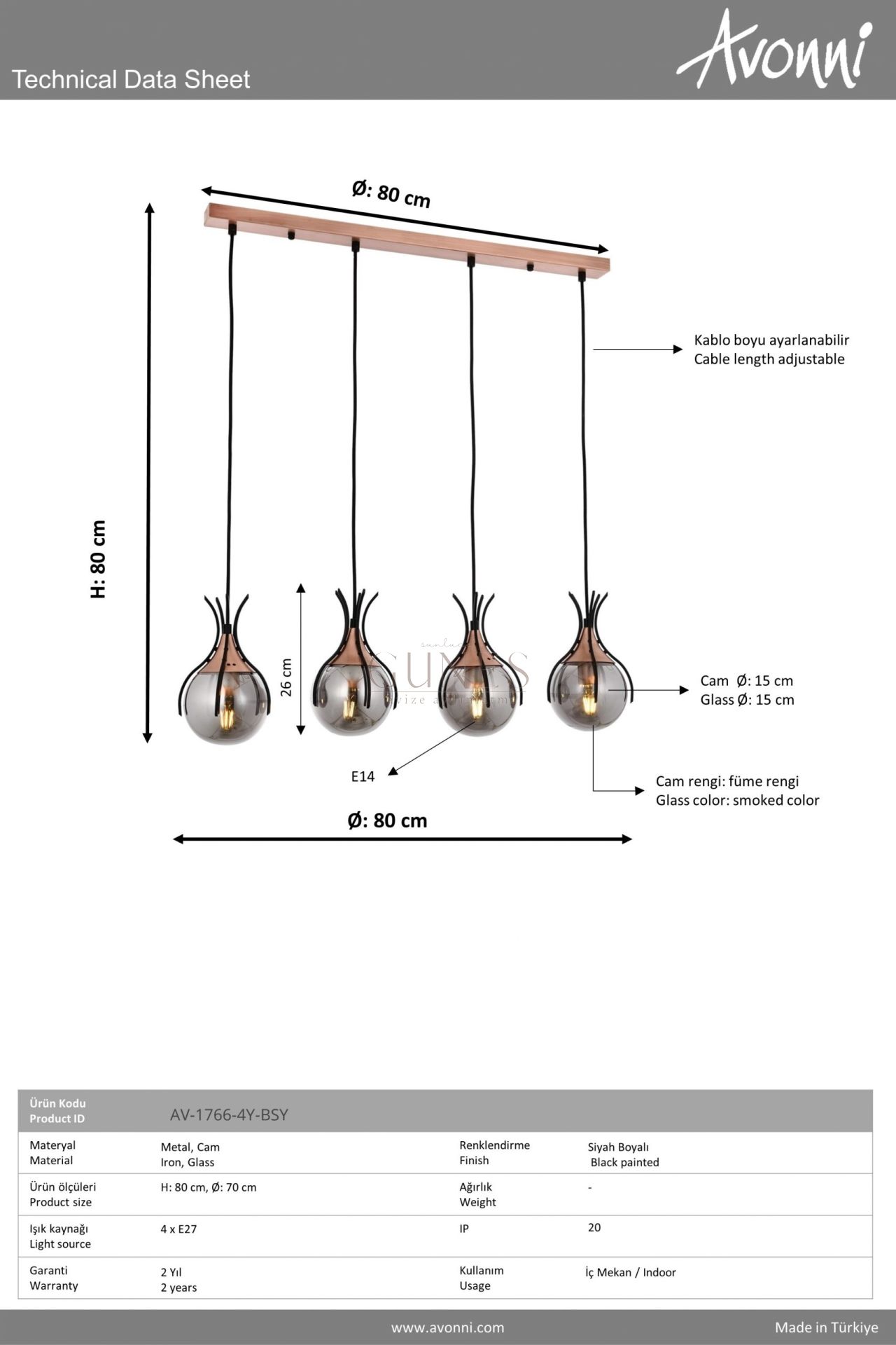 Siyah Boyalı Modern Avize AVONNİ-AV-1766-4Y-BSY
