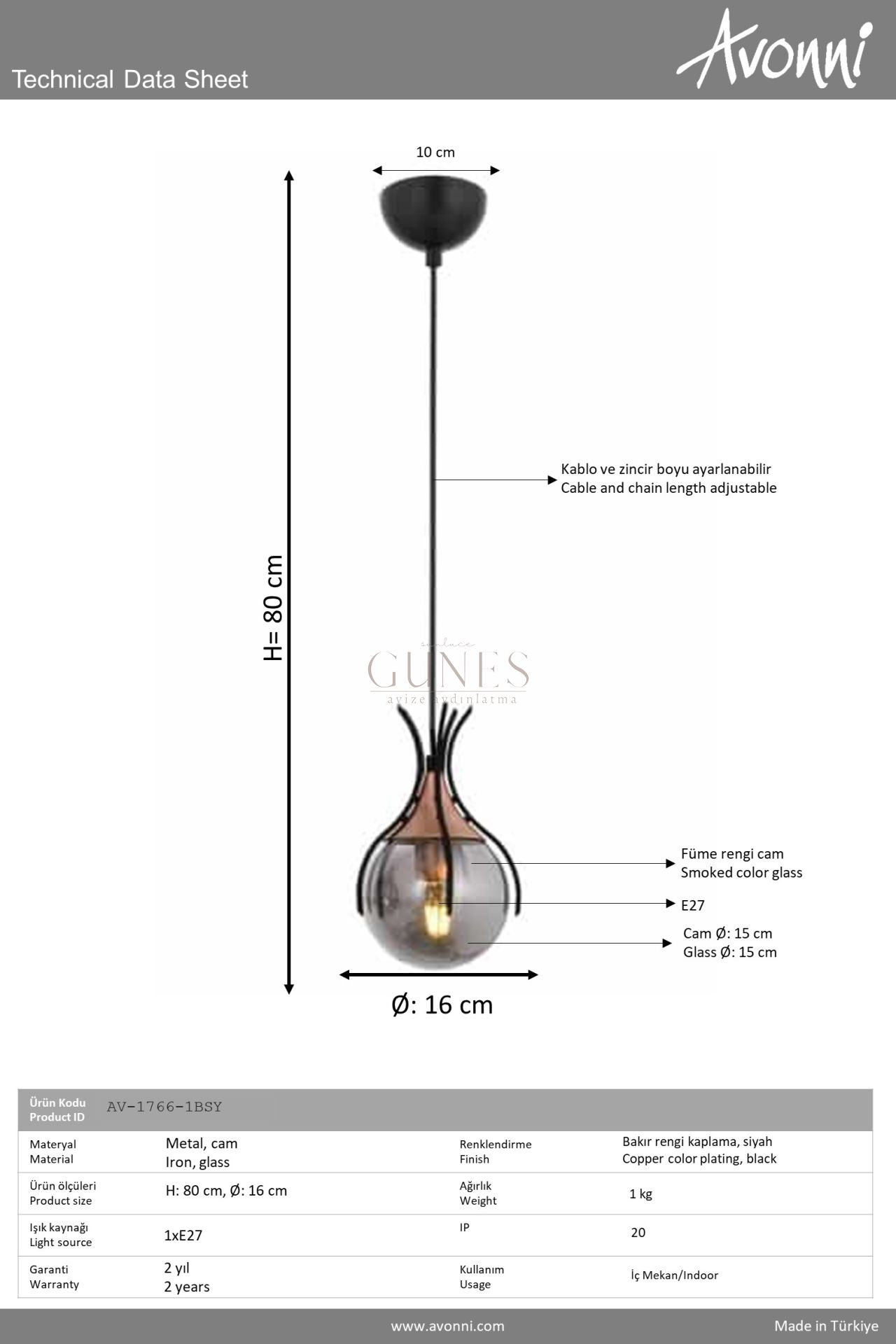 Siyah Boyalı Modern Avize AVONNİ-AV-1766-1BSY