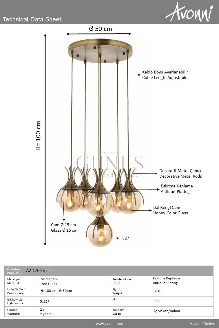 Eskitme Kaplama Modern Avize AVONNİ-AV-1766-6ET