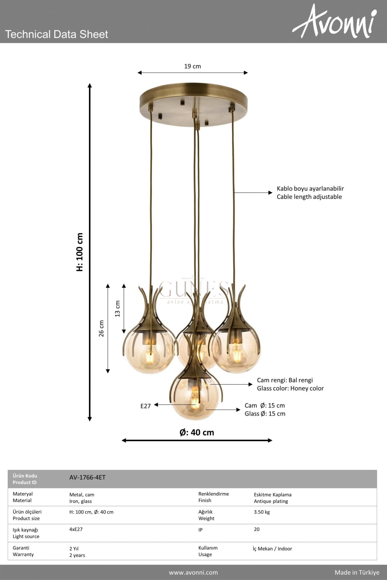 Eskitme Kaplama Modern Avize AVONNİ-AV-1766-4ET