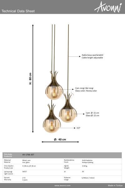 Eskitme Kaplama Modern Avize AVONNİ-AV-1766-3ET
