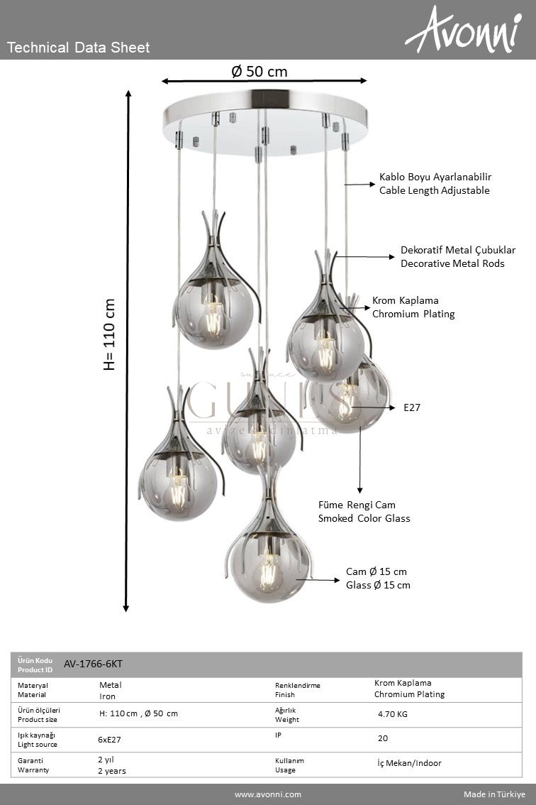 Krom Kaplama Modern Avize AVONNİ-AV-1766-6KT