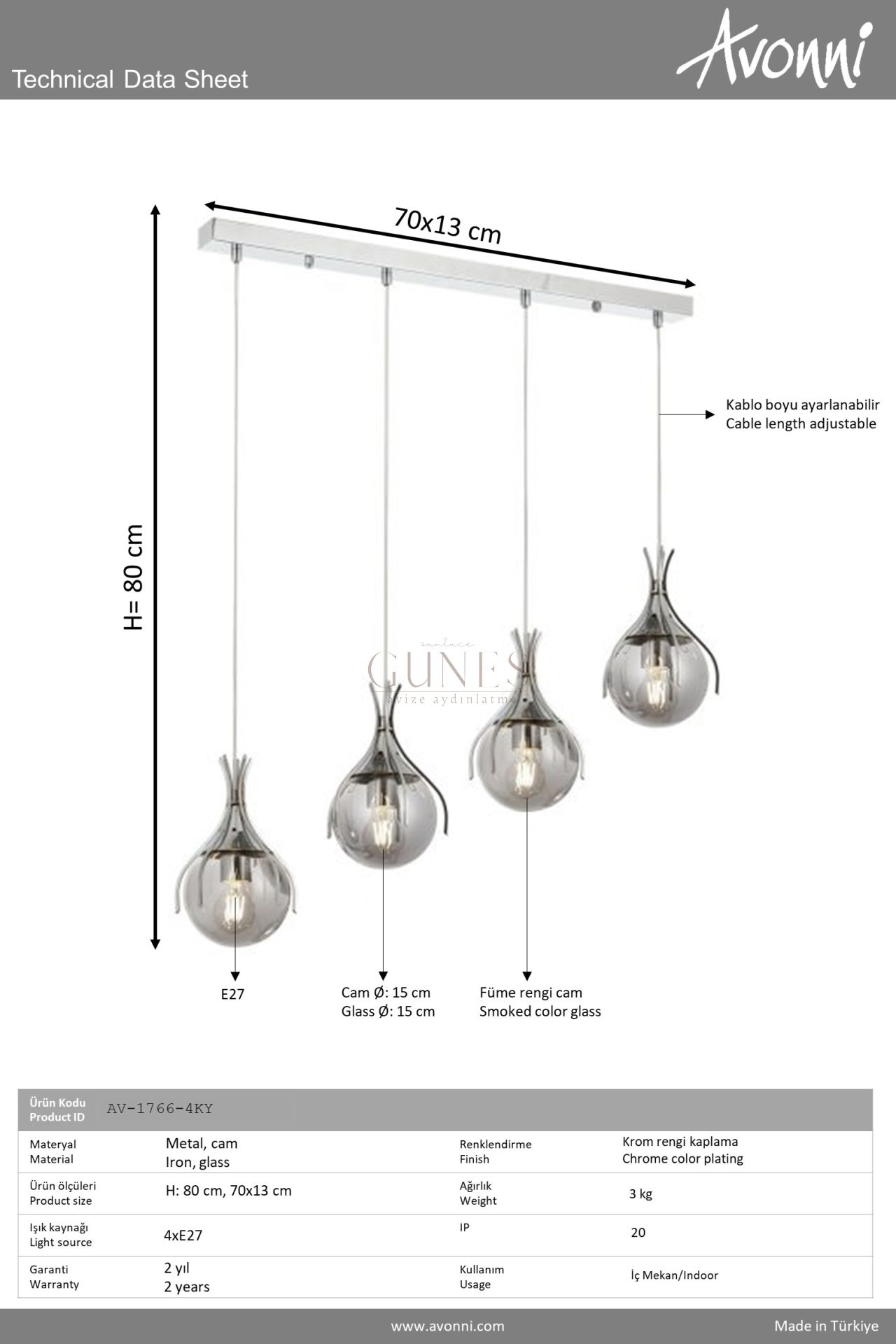 Krom Kaplama Modern Avize AVONNİ-AV-1766-4KY