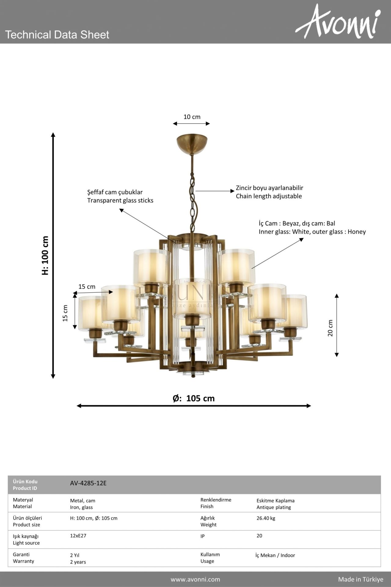 Eskitme Kaplama Modern Avize AVONNİ-AV-4285-12E