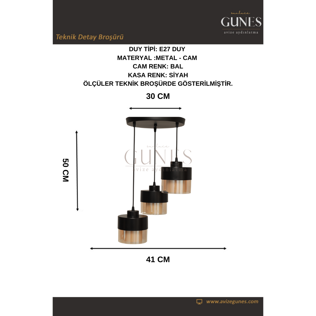 MODERN BAL CAMLI SİYAH 3 LÜ SARKIT AVİZE