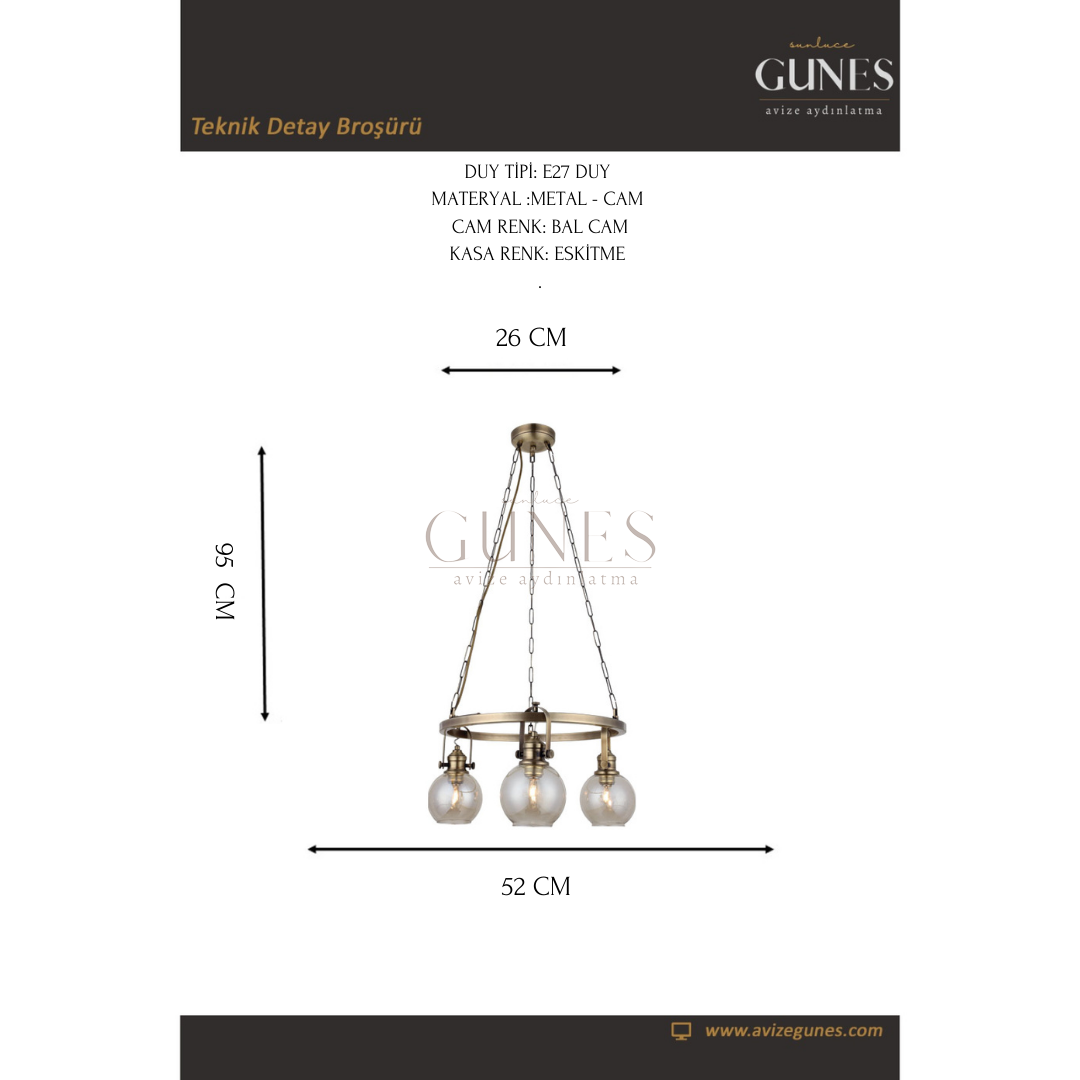 AYTAÇ LUCEA PONTE 3 LÜ YUV. AVİZE ANTIK LAK 3xE27