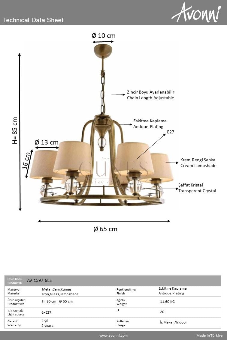 Eskitme Kaplama Modern Avize AVONNİ-AV-1597-6ES
