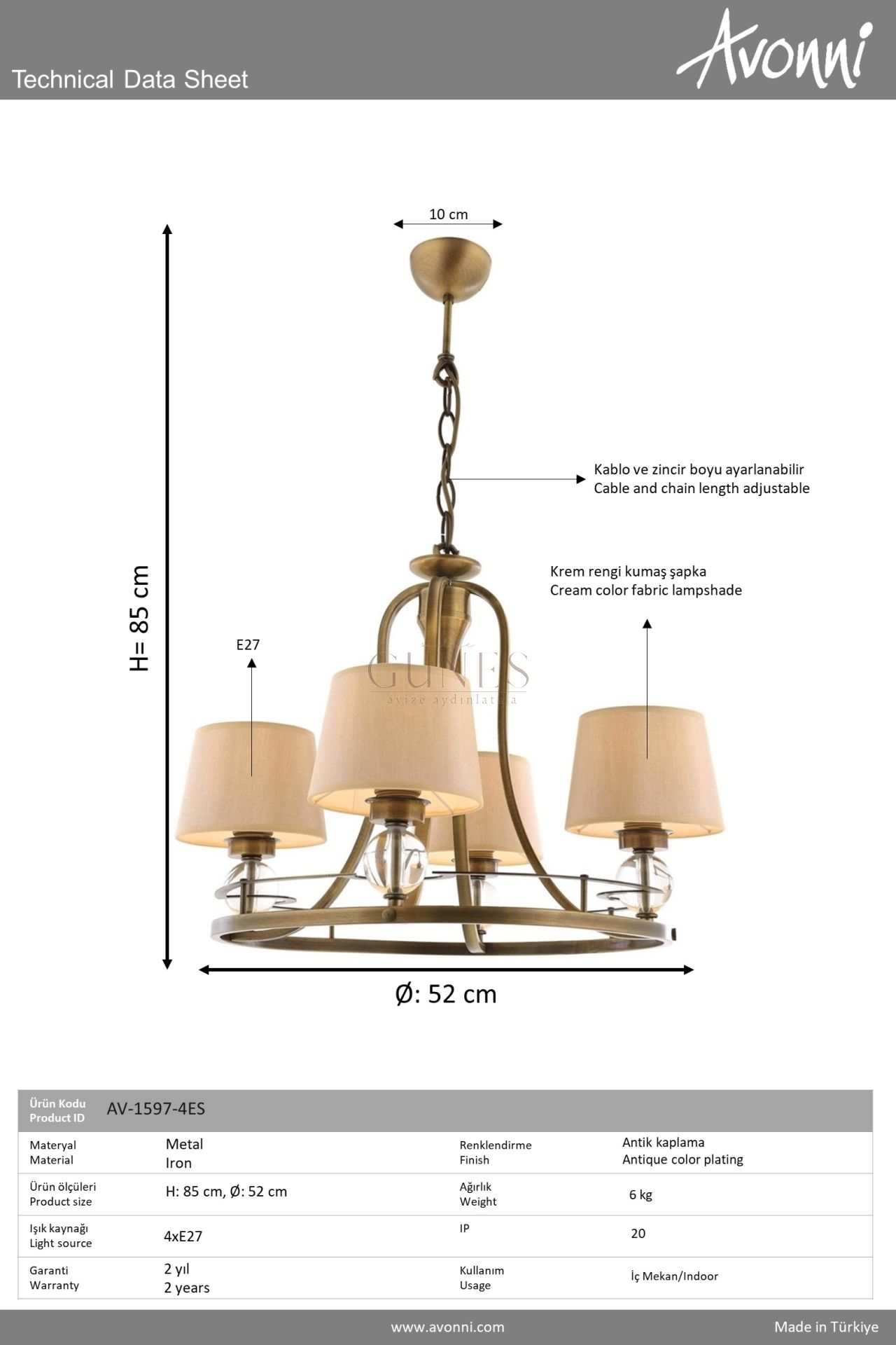 Eskitme Kaplama Modern Avize AVONNİ-AV-1597-4ES