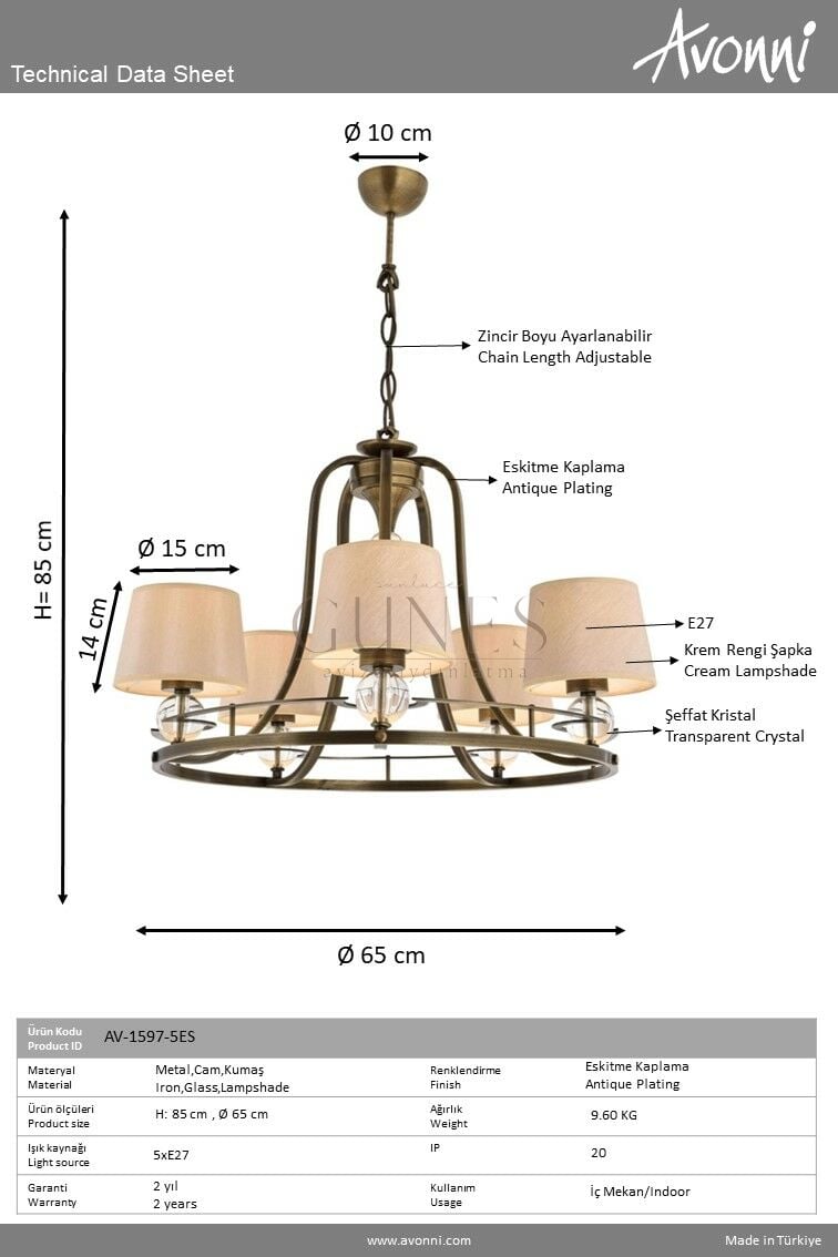 Eskitme Kaplama Modern Avize AVONNİ-AV-1597-5ES