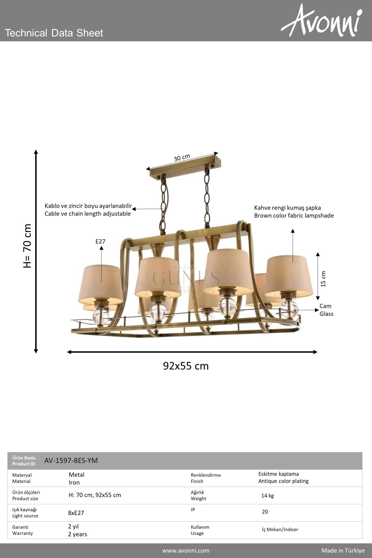 Eskitme Kaplama Modern Avize AVONNİ-AV-1597-8ES-YM
