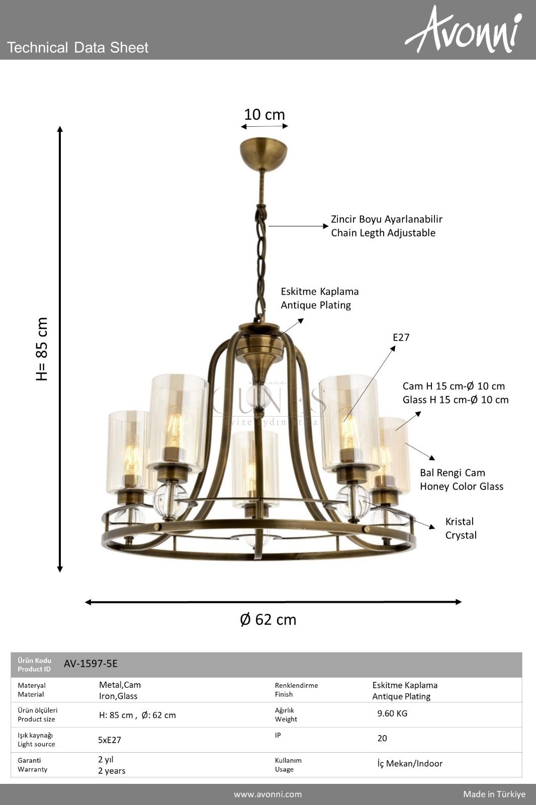 Eskitme Kaplama Modern Avize AVONNİ-AV-1597-5E