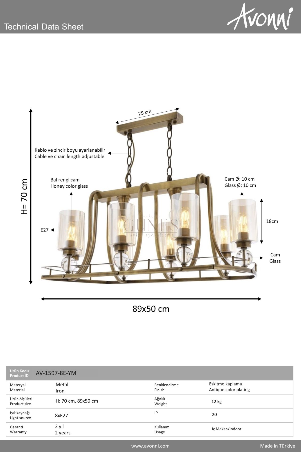 Eskitme Kaplama Modern Avize AVONNİ-AV-1597-8E-YM
