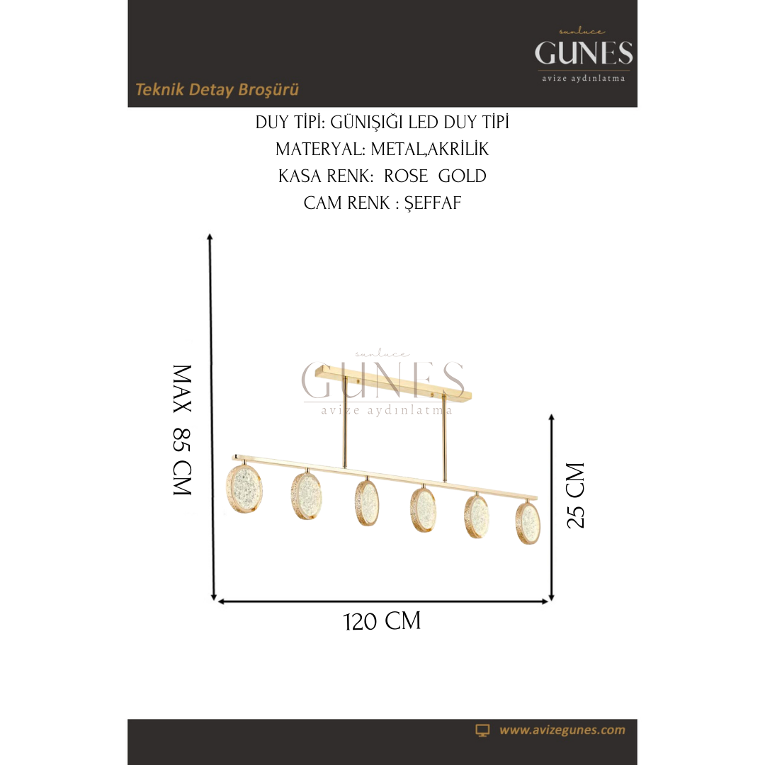 LUNAS 6 LI LED GOLD AVİZE 120 CM SIRALI YEMEK MASASI