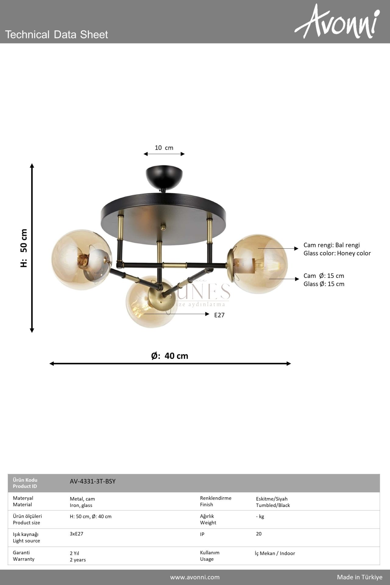 Eskitme/Siyah Kaplama Modern Avize AVONNI AV-4331-3T-BSY