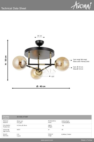 Eskitme/Siyah Kaplama Modern Avize AVONNI AV-4331-3T-BSY