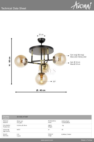 Eskitme/Siyah Kaplama Modern Avize AVONNI AV-4331-4T-BSY