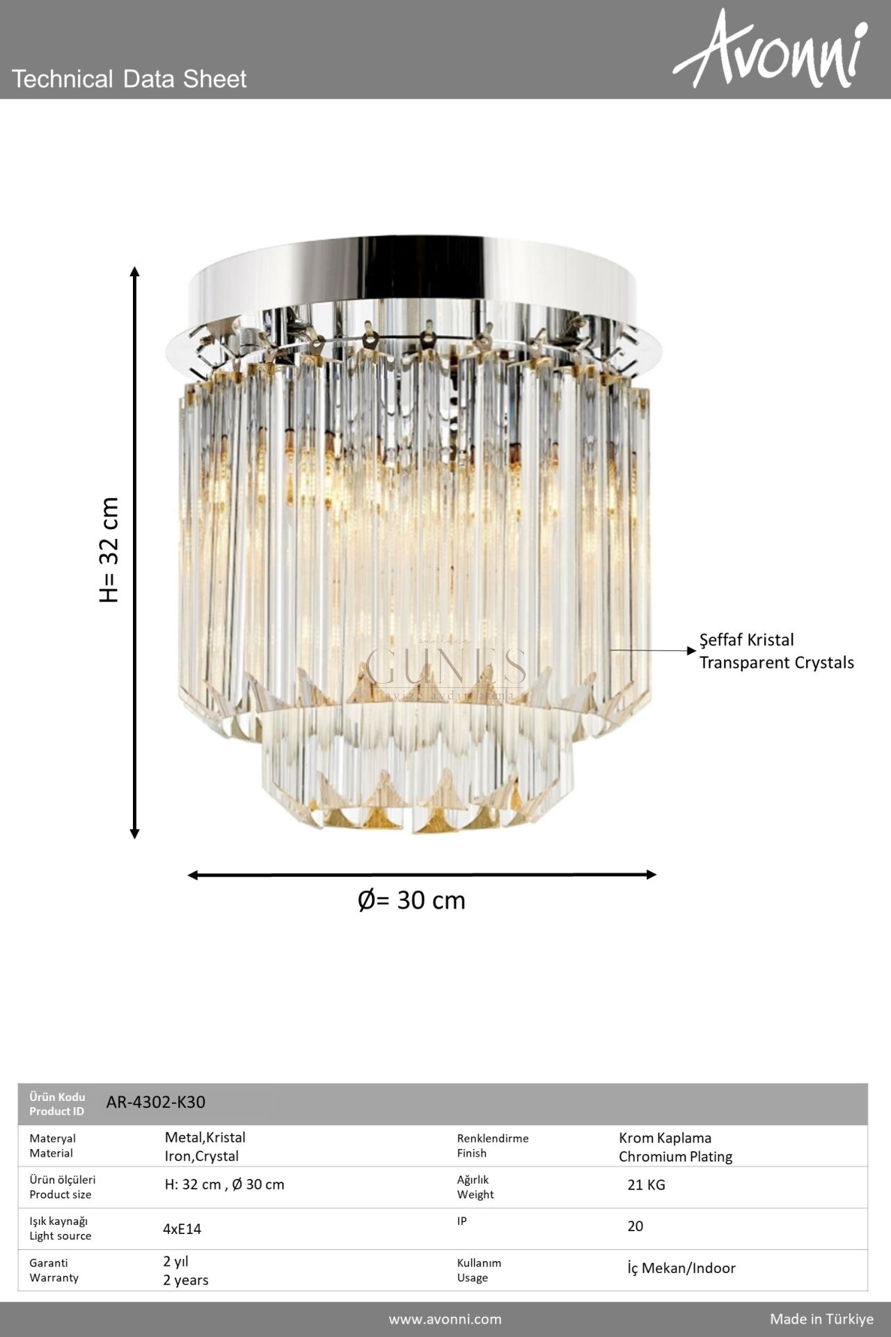 Krom Kaplama Klasik Avize AVONNI AR-4302-K30