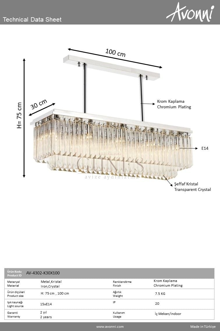Krom Kaplama Klasik Avize AVONNI AV-4302-K30X100