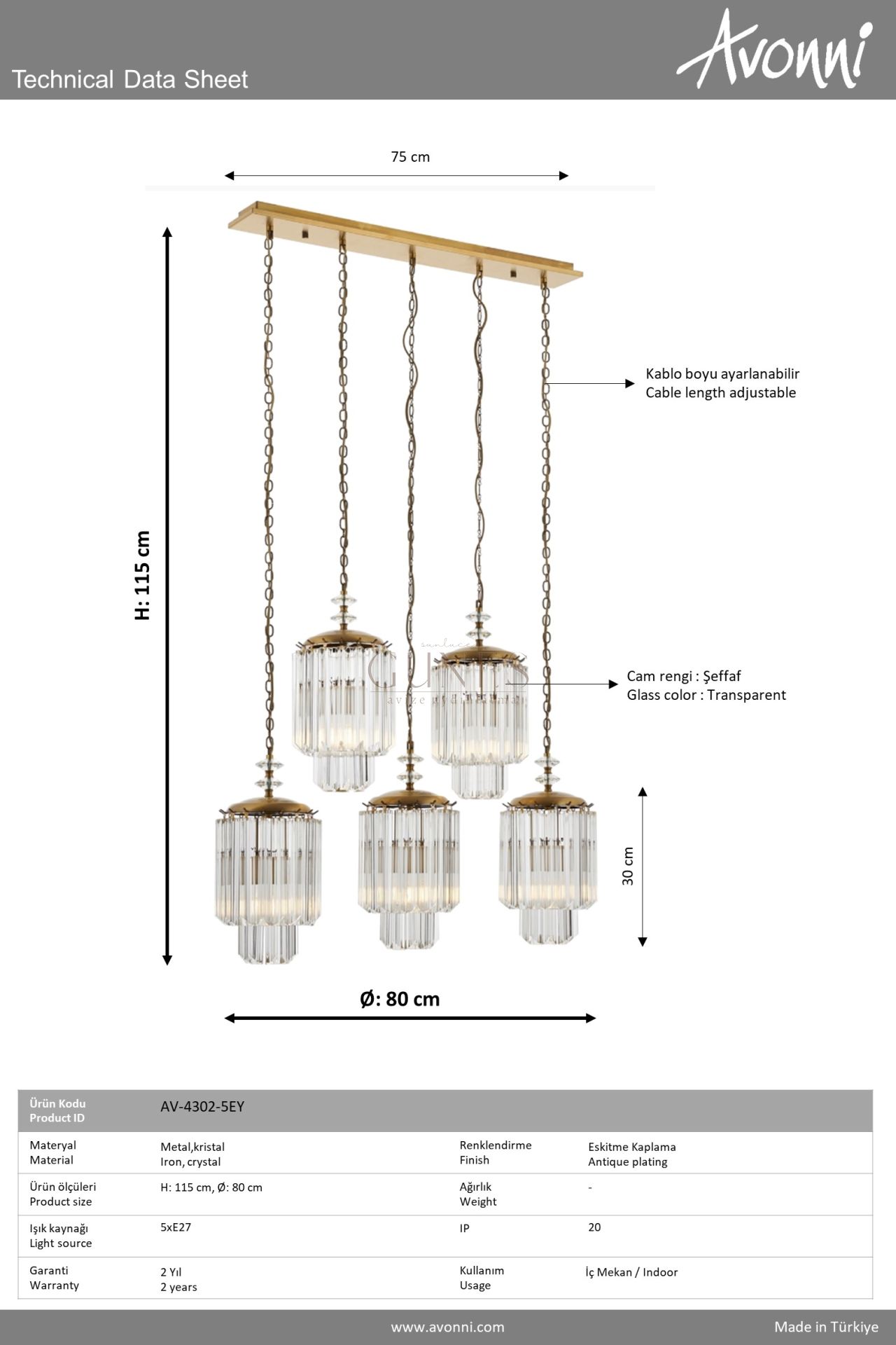 Eskitme Kaplama Klasik Avize AVONNI AV-4302-5EY