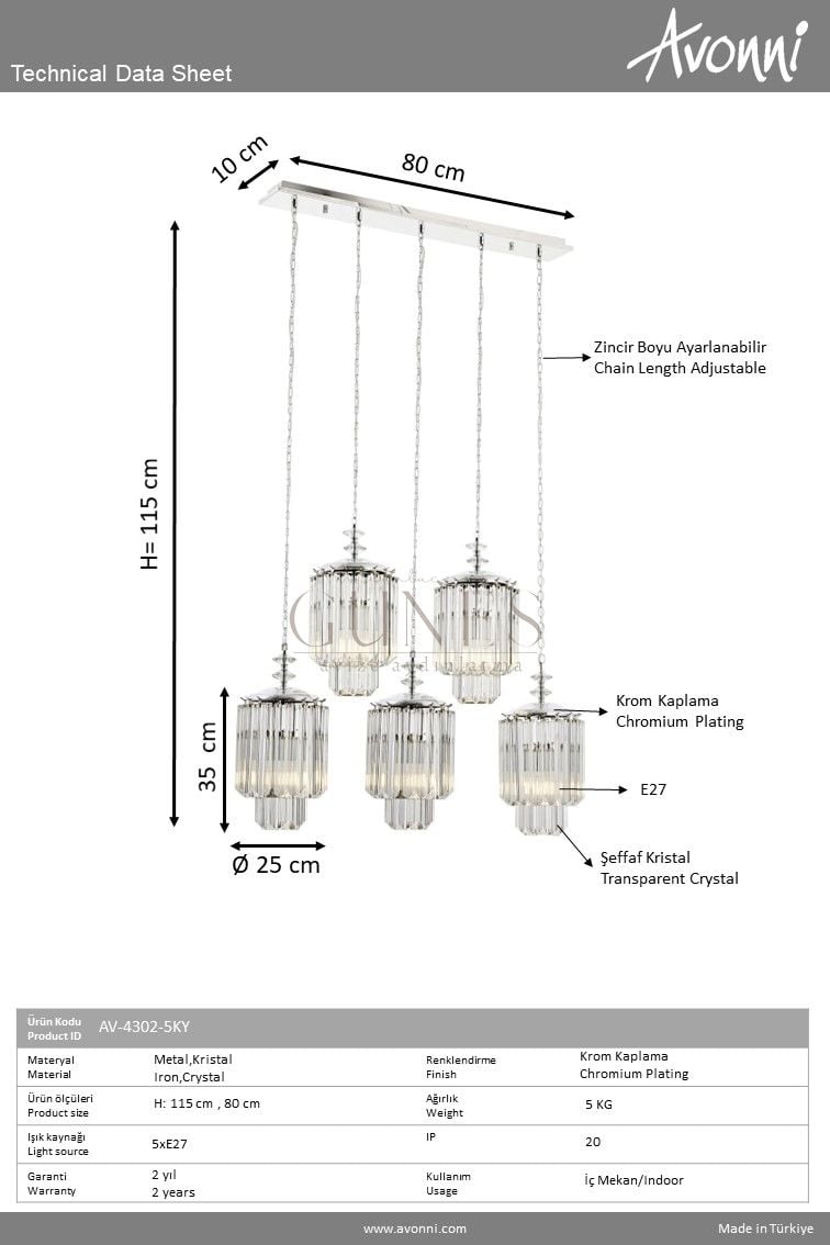 Krom Kaplama Klasik Avize AVONNI AV-4302-5KY