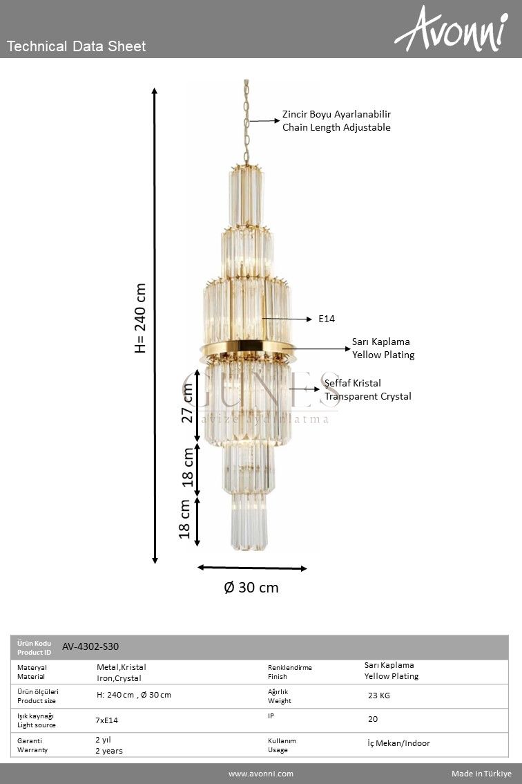 Sarı Kaplama Klasik Avize AVONNI AV-4302-S30