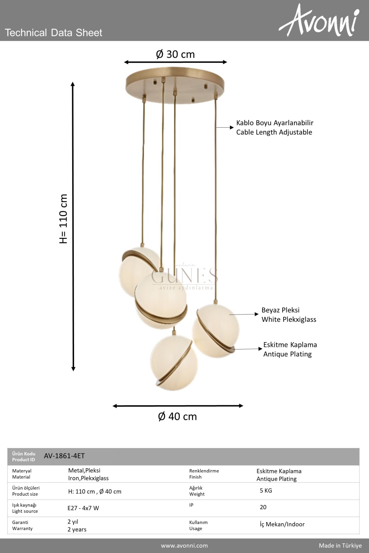 Beyaz/Eskitme Kaplama Modern Avize AVONNI AV-1861-4ET